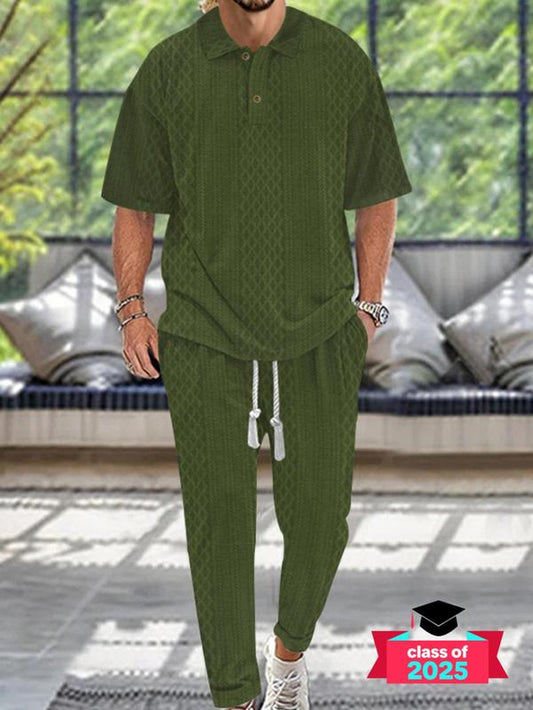 Men'S Textured Drop Shoulder Collared Tee & Drawstring Waist Pants Two-Piece Set, Regular Fit Casual Fashion Cozy Shortsleeve Polo Shirts & Pocket Trousers for Daily Outdoor Wear, Men'S Clothing for Spring & Fall, Sets for Men Clothing, Menswear