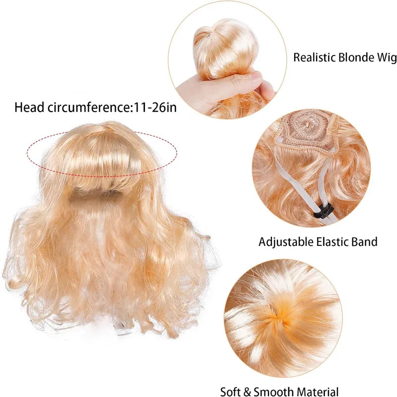 Dog Cat Cosplay Wig Long Blonde Curly Hair with Adjustable Elastic Bands Pet Wigs for Halloween, Christmas, Festivals, Pet Cosplay Costumes Accessories for Dog Cat (Red)